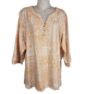 Denim & Co. Printed Textured Knit Y-Neck Henley Top Creamsicle Size 2X A375260